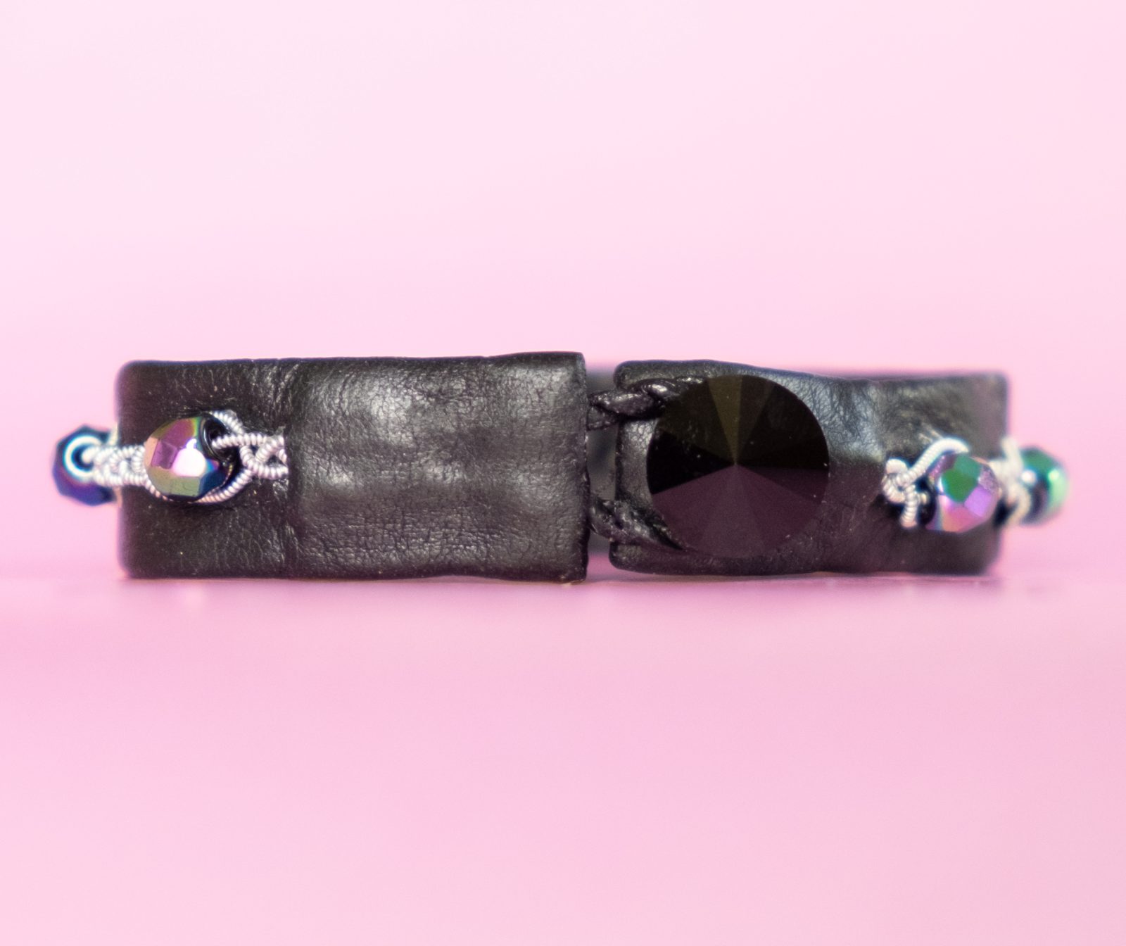 ADINA - Black tin thread bracelet with vintage glass beads and genuine jet black Swarovski crystal button