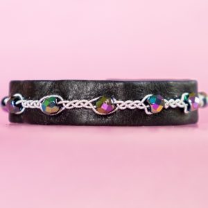 ADINA - Black tin thread bracelet with vintage glass beads and genuine jet black Swarovski crystal button