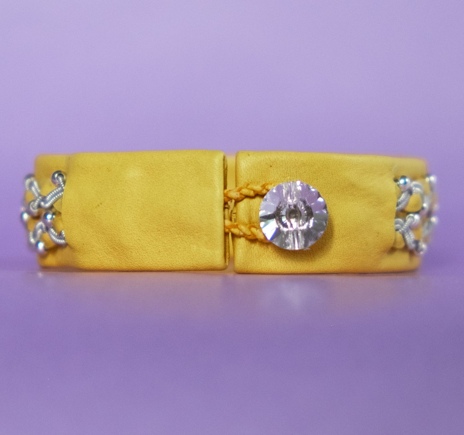ANETTE - Yellow tin thread bracelet with silver beads and genuine Swarovski crystal button
