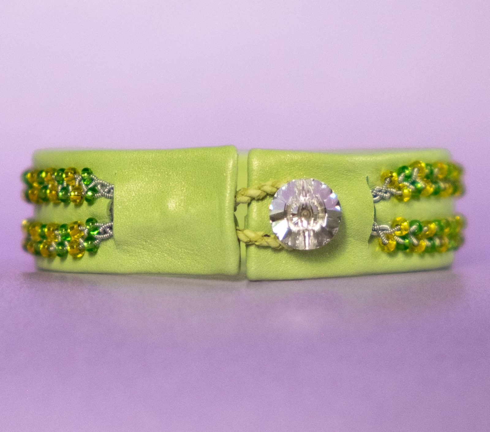 FELICIA - Light green tin thread bracelet with yellow and green Miyuki seed beads and genuine Swarovski crystal button
