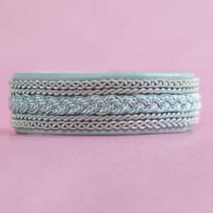 BEATA - Pale grey tin thread bracelet with dove blue pearl silk and Swarovski-style glass button