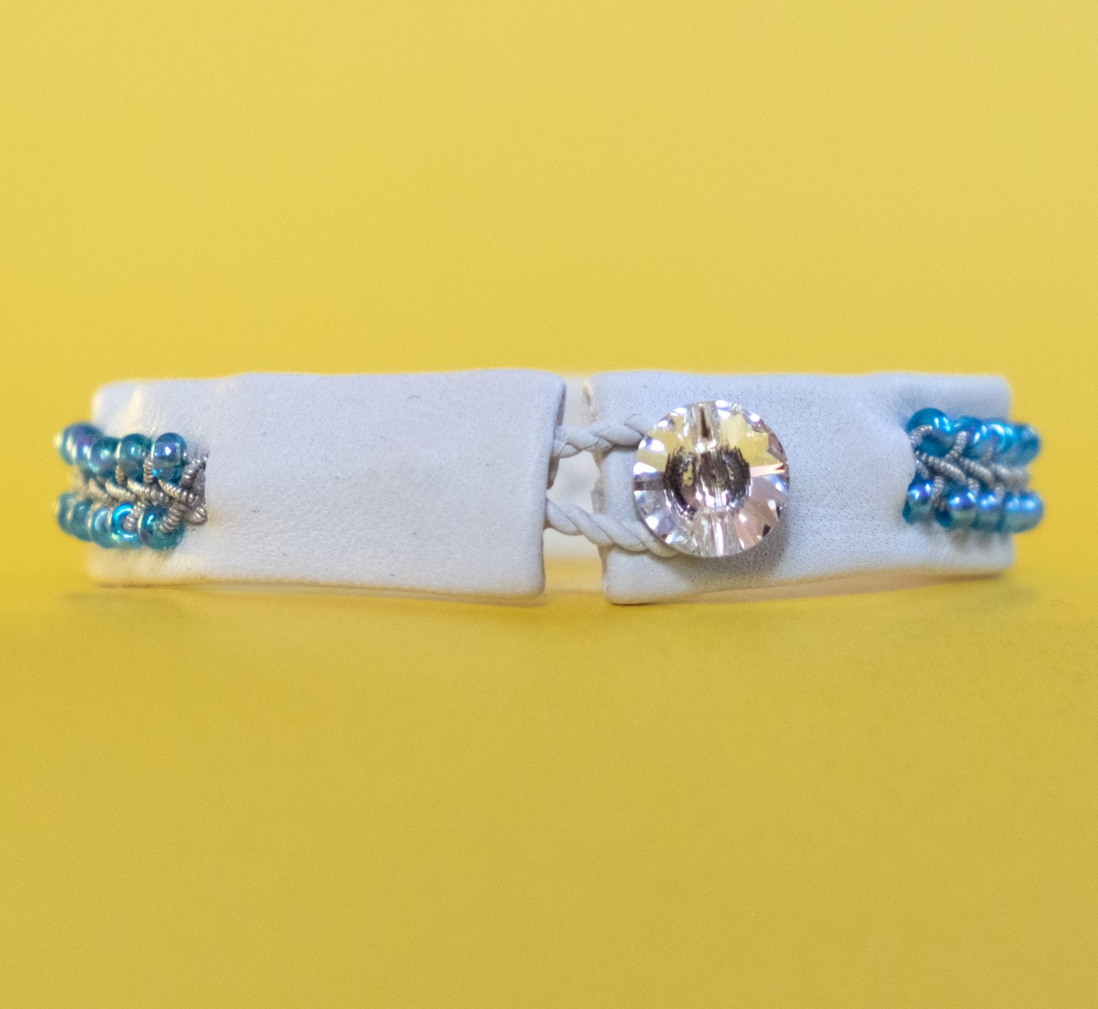 GLADYS - Off-white tin thread bracelet with silver-lined light blue Miyuki seed beads and genuine Swarovski crystal button